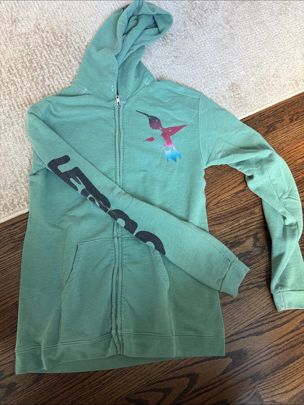 Free City Teal Zip-Up Hoodie with Hummingbird Graphic